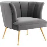 Veronica Accent Arm Chair in Channel Tufted Gray Velvet & Gold Stainless
