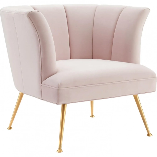 Veronica Accent Arm Chair in Channel Tufted Pink Velvet & Gold Stainless