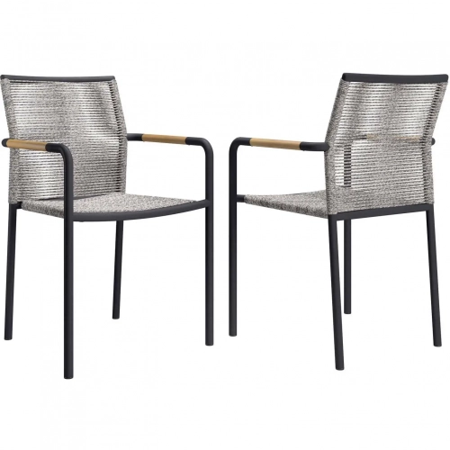 Serenity Outdoor Dining Arm Chair in Light Gray Rope & Black Metal (Set of 2)