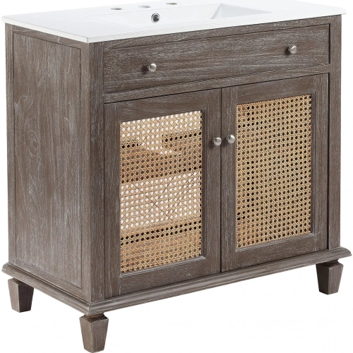 Lilo 36" Bathroom Vanity in Gray, Rattan & White Ceramic
