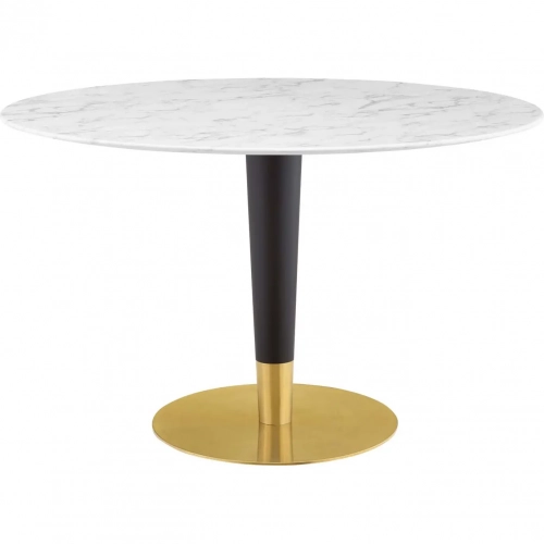 Zinque 47" Dining Table in White Faux Marble, Black & Gold Steel