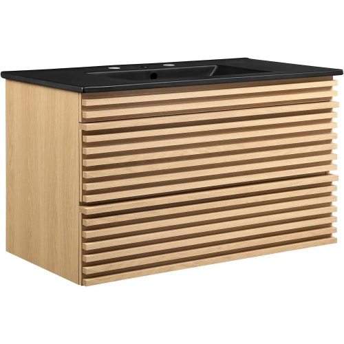 Render 36" Wall Mount Bathroom Vanity in Oak Finish & Black Ceramic