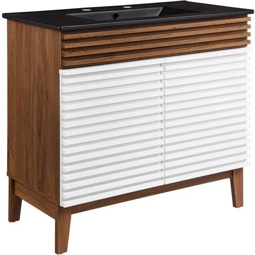 Render 36" Bathroom Vanity in White, Walnut Finish & Black Ceramic