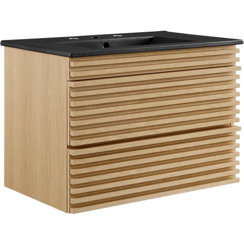 Render 30" Wall Mount Bathroom Vanity in Oak Finish & Black Ceramic