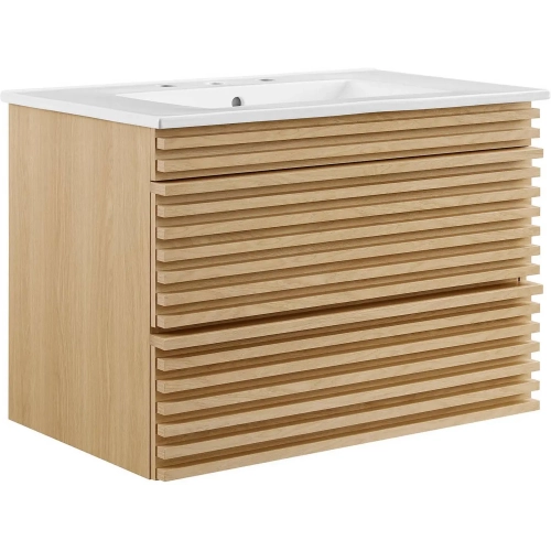 Render 30" Wall Mount Bathroom Vanity in Oak Finish & White Ceramic