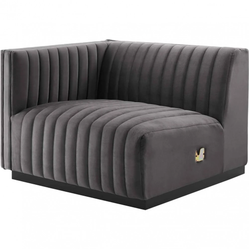 Conjure Left Arm Chair in Channel Tufted Gray Velvet & Black