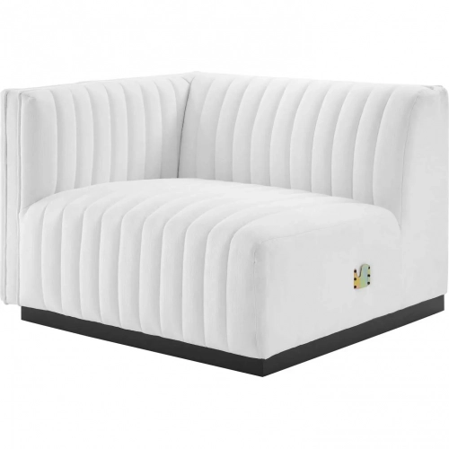 Conjure Left Arm Chair in Channel Tufted White Fabric & Black