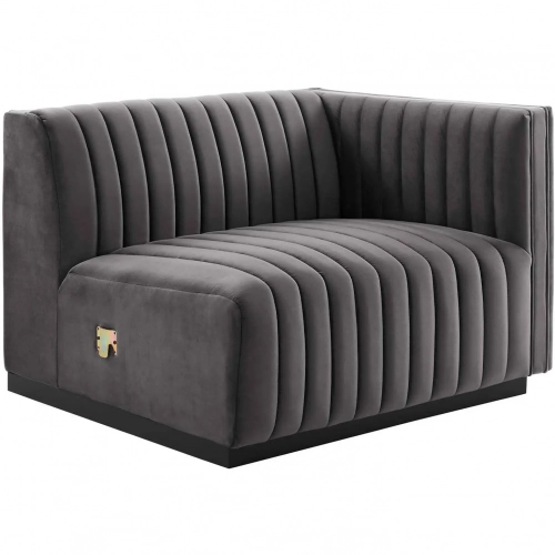 Conjure Right Arm Chair in Channel Tufted Gray Velvet & Black