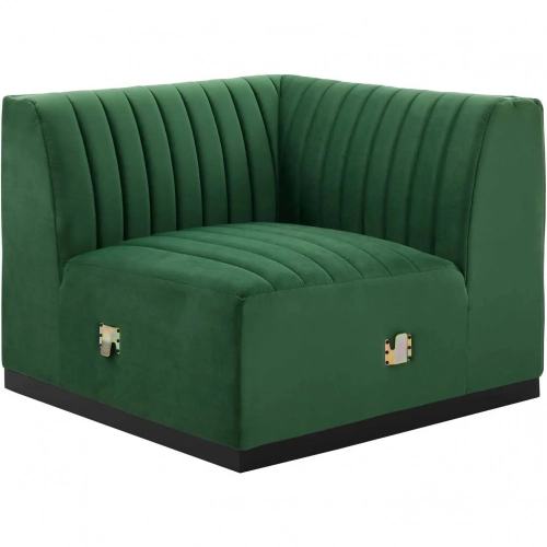 Conjure Left Corner Chair in Channel Tufted Emerald Green Velvet & Black