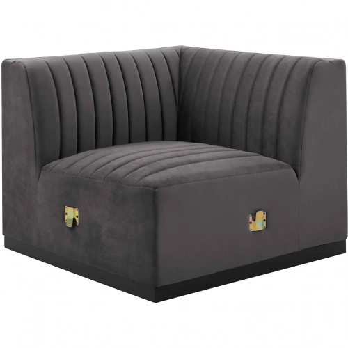Conjure Left Corner Chair in Channel Tufted Gray Velvet & Black