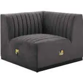 Conjure Left Corner Chair in Channel Tufted Gray Velvet & Black