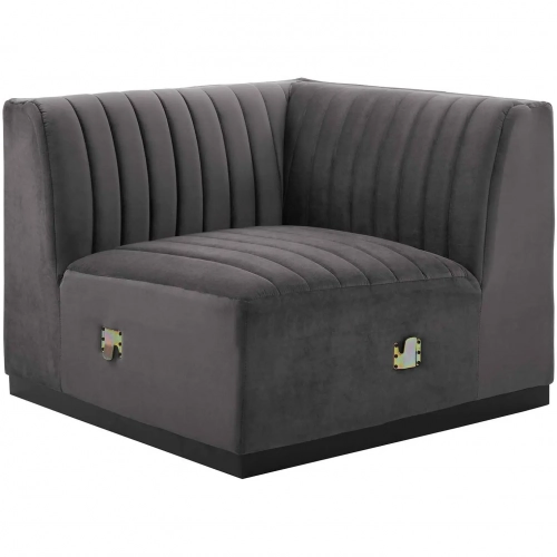 Conjure Right Corner Chair in Channel Tufted Gray Velvet & Black