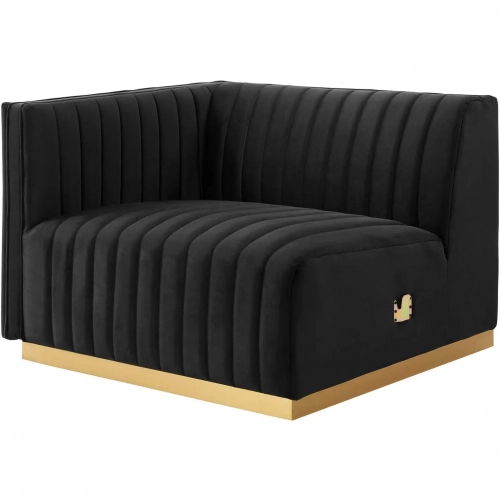 Conjure Left Arm Chair in Channel Tufted Black Velvet & Brushed Gold