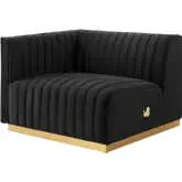 Conjure Left Arm Chair in Channel Tufted Black Velvet & Brushed Gold