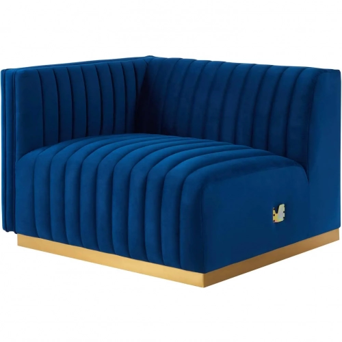 Conjure Left Arm Chair in Channel Tufted Navy Blue Velvet & Brushed Gold