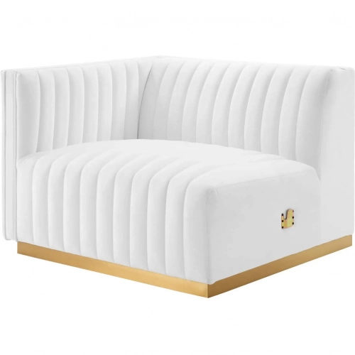 Conjure Left Arm Chair in Channel Tufted White Velvet & Brushed Gold