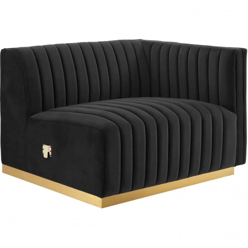 Conjure Right Arm Chair in Channel Tufted Black Velvet & Brushed Gold