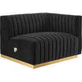 Conjure Right Arm Chair in Channel Tufted Black Velvet & Brushed Gold