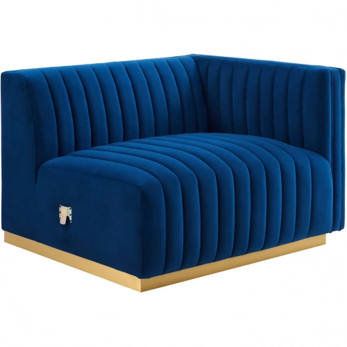 Conjure Right Arm Chair in Channel Tufted Navy Blue Velvet & Brushed Gold