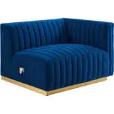 Conjure Right Arm Chair in Channel Tufted Navy Blue Velvet & Brushed Gold
