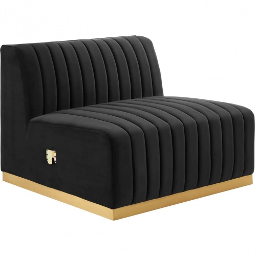 Conjure Armless Chair in Channel Tufted Black Velvet & Brushed Gold