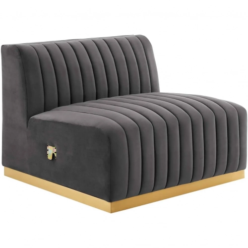 Conjure Armless Chair in Channel Tufted Gray Velvet & Brushed Gold