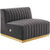 Conjure Armless Chair in Channel Tufted Gray Velvet & Brushed Gold