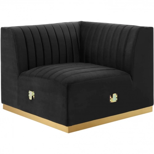 Conjure Left Corner Chair in Channel Tufted Black Velvet & Brushed Gold