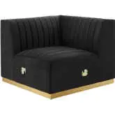 Conjure Left Corner Chair in Channel Tufted Black Velvet & Brushed Gold