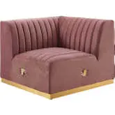 Conjure Left Corner Chair in Channel Tufted Dusty Rose Velvet & Brushed Gold