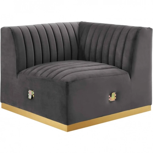 Conjure Left Corner Chair in Channel Tufted Gray Velvet & Brushed Gold