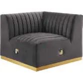 Conjure Left Corner Chair in Channel Tufted Gray Velvet & Brushed Gold