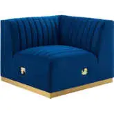 Conjure Left Corner Chair in Channel Tufted Navy Blue Velvet & Brushed Gold