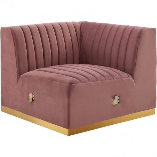Conjure Right Corner Chair in Channel Tufted Dusty Rose Velvet & Brushed Gold
