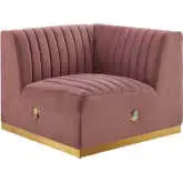 Conjure Right Corner Chair in Channel Tufted Dusty Rose Velvet & Brushed Gold