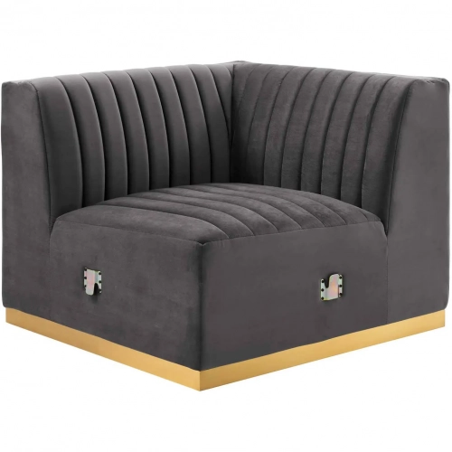 Conjure Right Corner Chair in Channel Tufted Gray Velvet & Brushed Gold