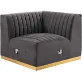 Conjure Right Corner Chair in Channel Tufted Gray Velvet & Brushed Gold