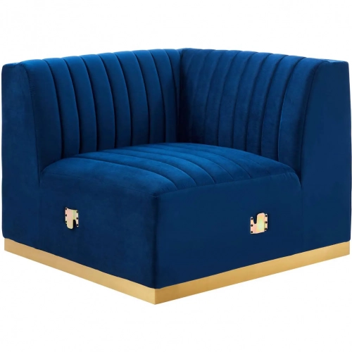 Conjure Right Corner Chair in Channel Tufted Navy Blue Velvet & Brushed Gold