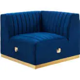 Conjure Right Corner Chair in Channel Tufted Navy Blue Velvet & Brushed Gold