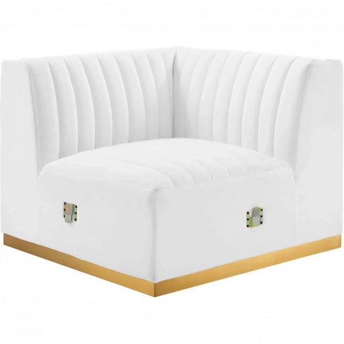 Conjure Right Corner Chair in Channel Tufted White Velvet & Brushed Gold