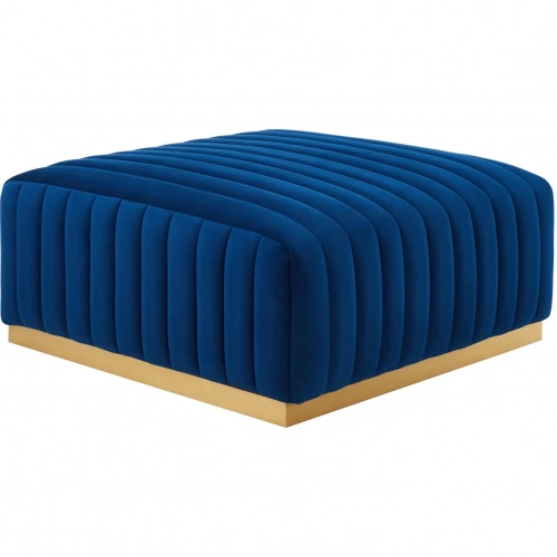 Conjure Ottoman in Channel Tufted Navy Blue Velvet & Brushed Gold