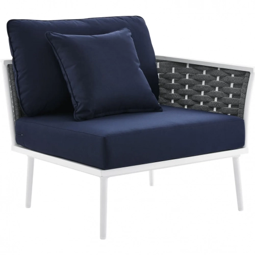Stance Outdoor Right Facing Arm Chair in Whit Metal & Navy Blue Fabric