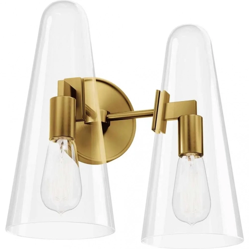 Beacon 2 Light Wall Sconce in Satin Brass Metal & Clear Glass