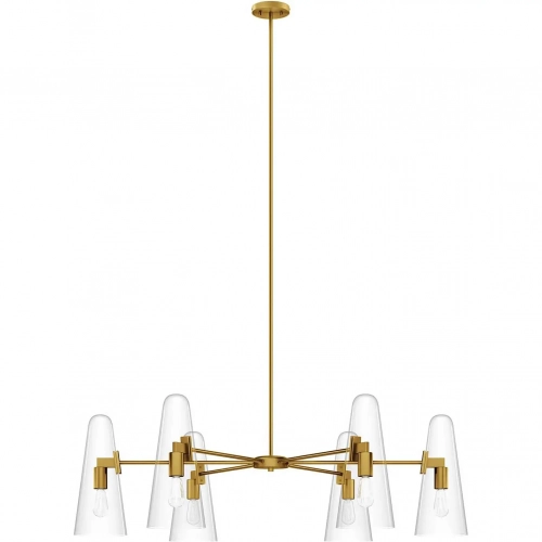 Beacon 6 Light Chandelier in Satin Brass Metal & Clear Glass
