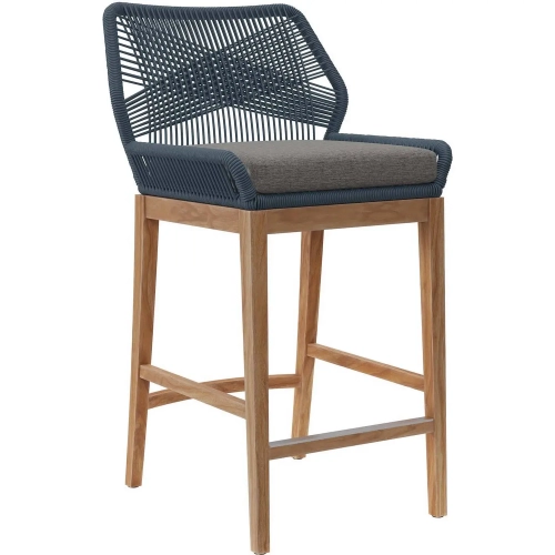 Wellspring Outdoor Bar Stool in Teak, Blue Rope & Gray Fabric