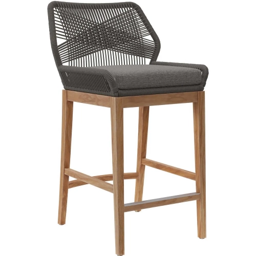 Wellspring Outdoor Bar Stool in Teak, Gray Rope & Gray Fabric
