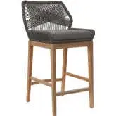 Wellspring Outdoor Bar Stool in Teak, Gray Rope & Gray Fabric
