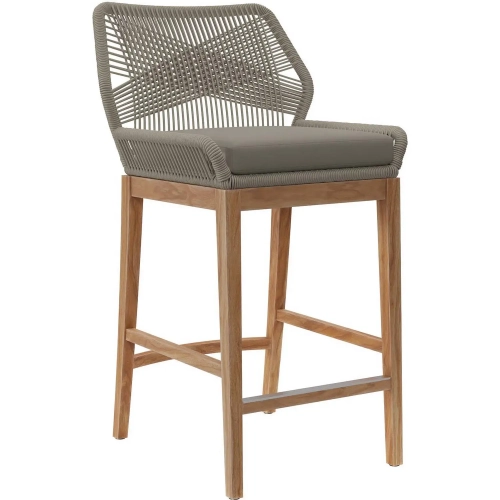 Wellspring Outdoor Bar Stool in Teak, Greige Rope & Gray Fabric