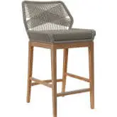 Wellspring Outdoor Bar Stool in Teak, Greige Rope & Gray Fabric