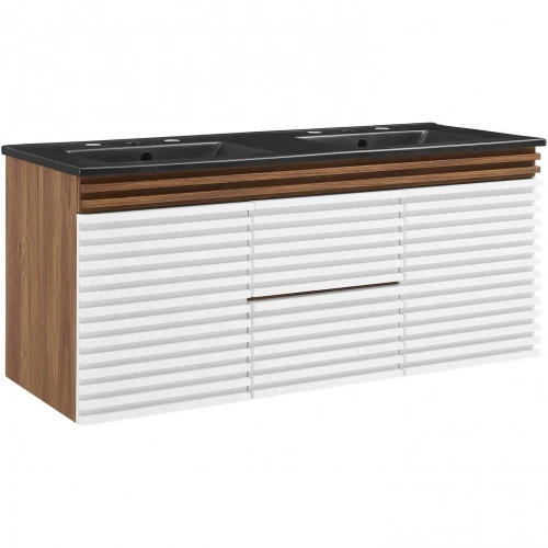 Render 48" Wall Mount Bathroom Vanity in White, Walnut Finish & Black Ceramic